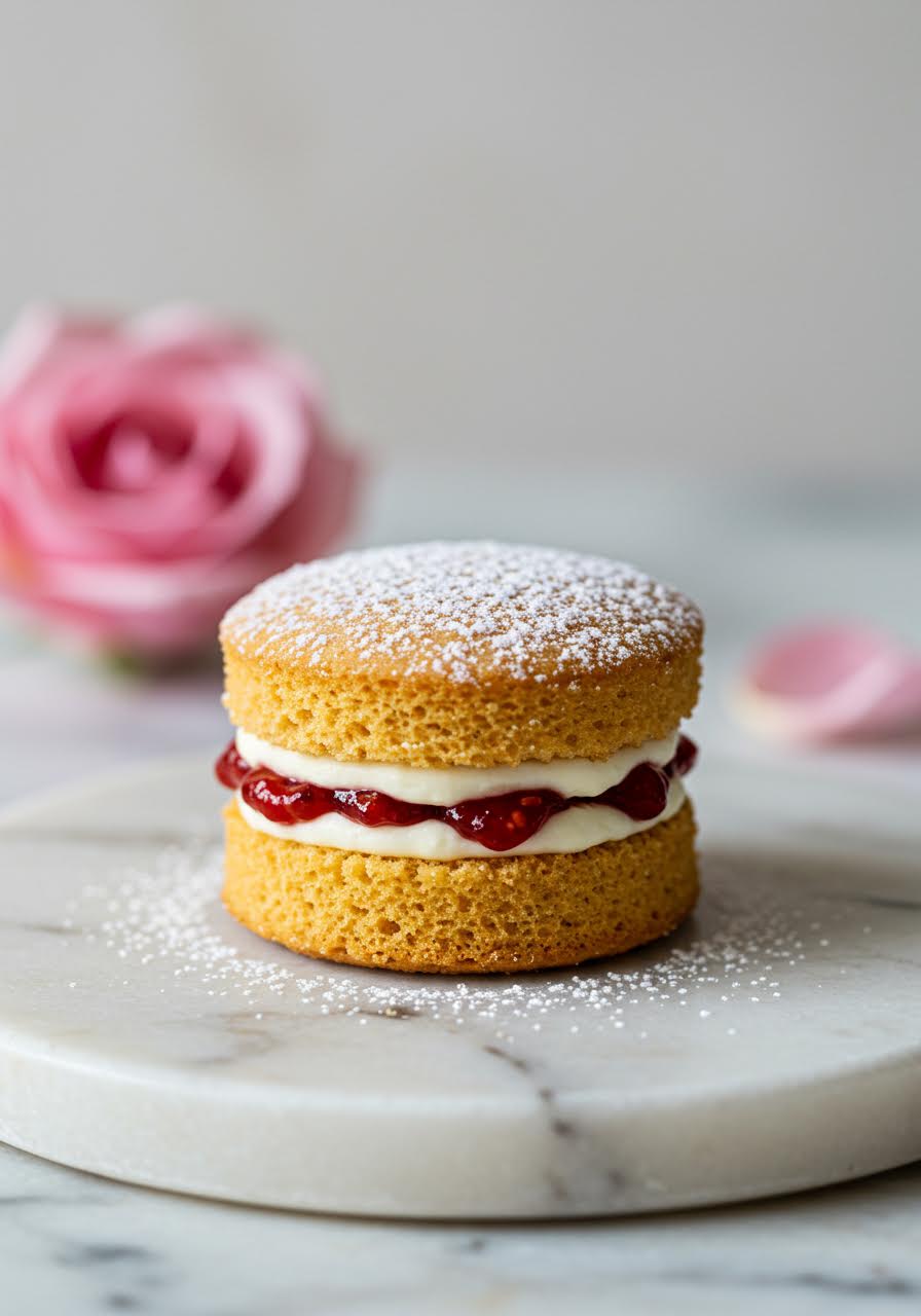 Close-up studio shot of miniature Victoria sponge cake with jam and cream filling