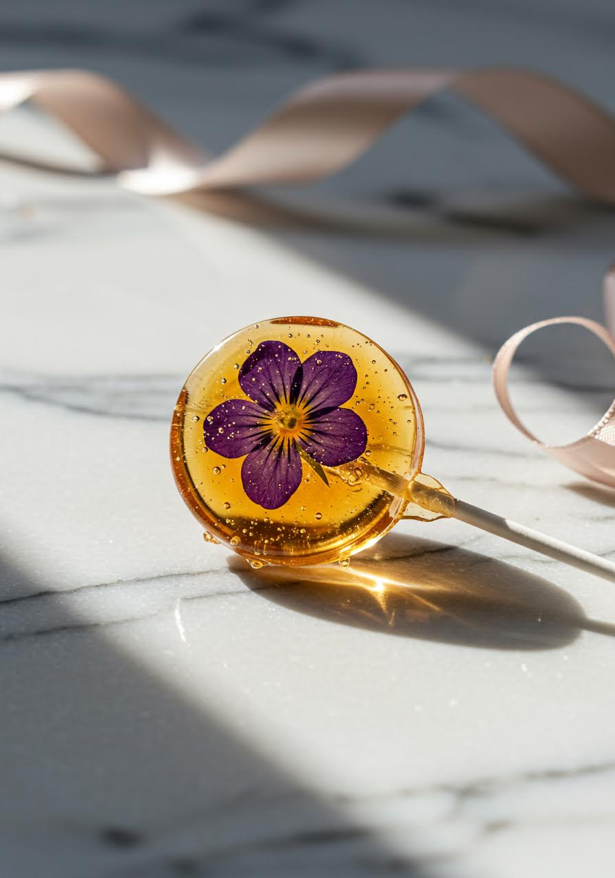 Clear lollipop with violet flower suspended inside on marble surface