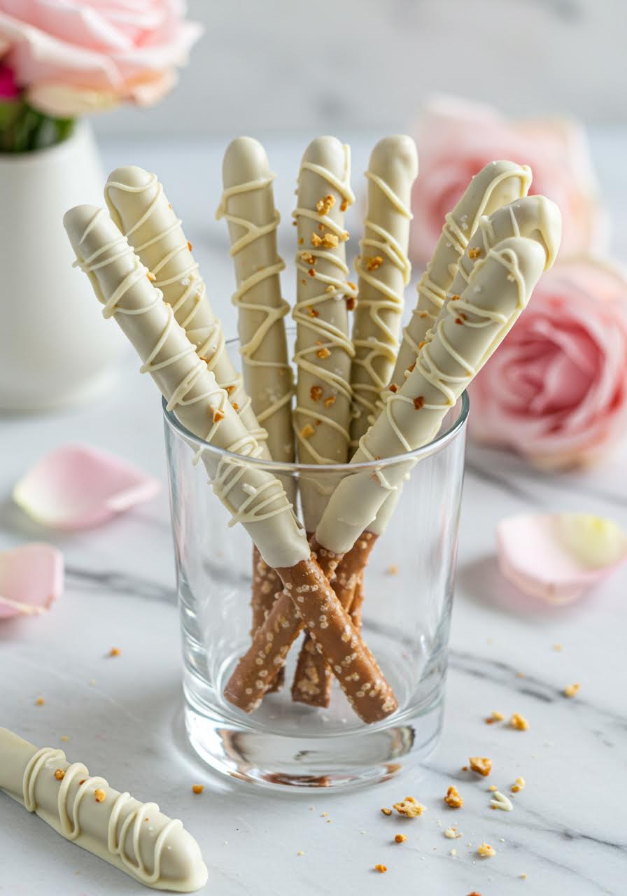 White chocolate-dipped pretzel rods in elegant arrangement on marble surface