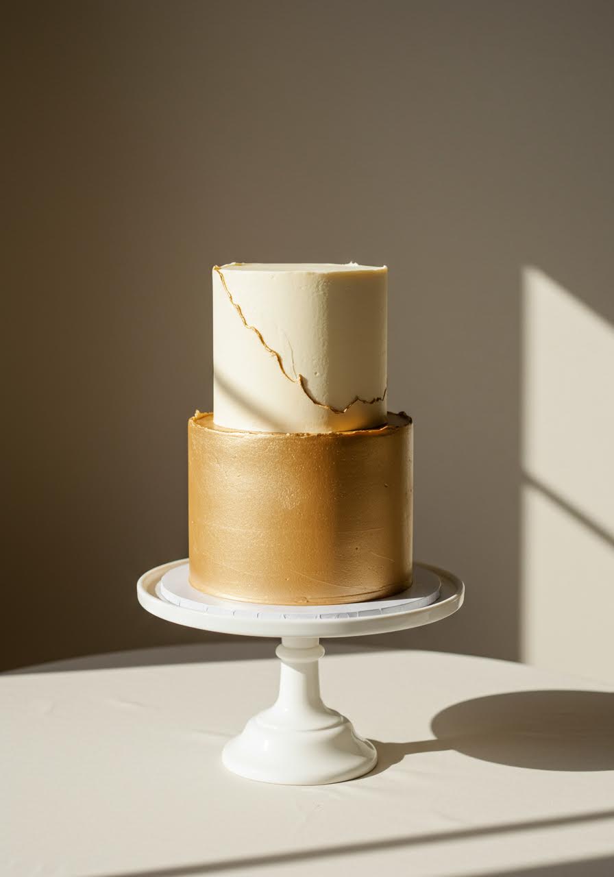 Two-tier champagne wedding cake with smooth buttercream finish on white cake stand