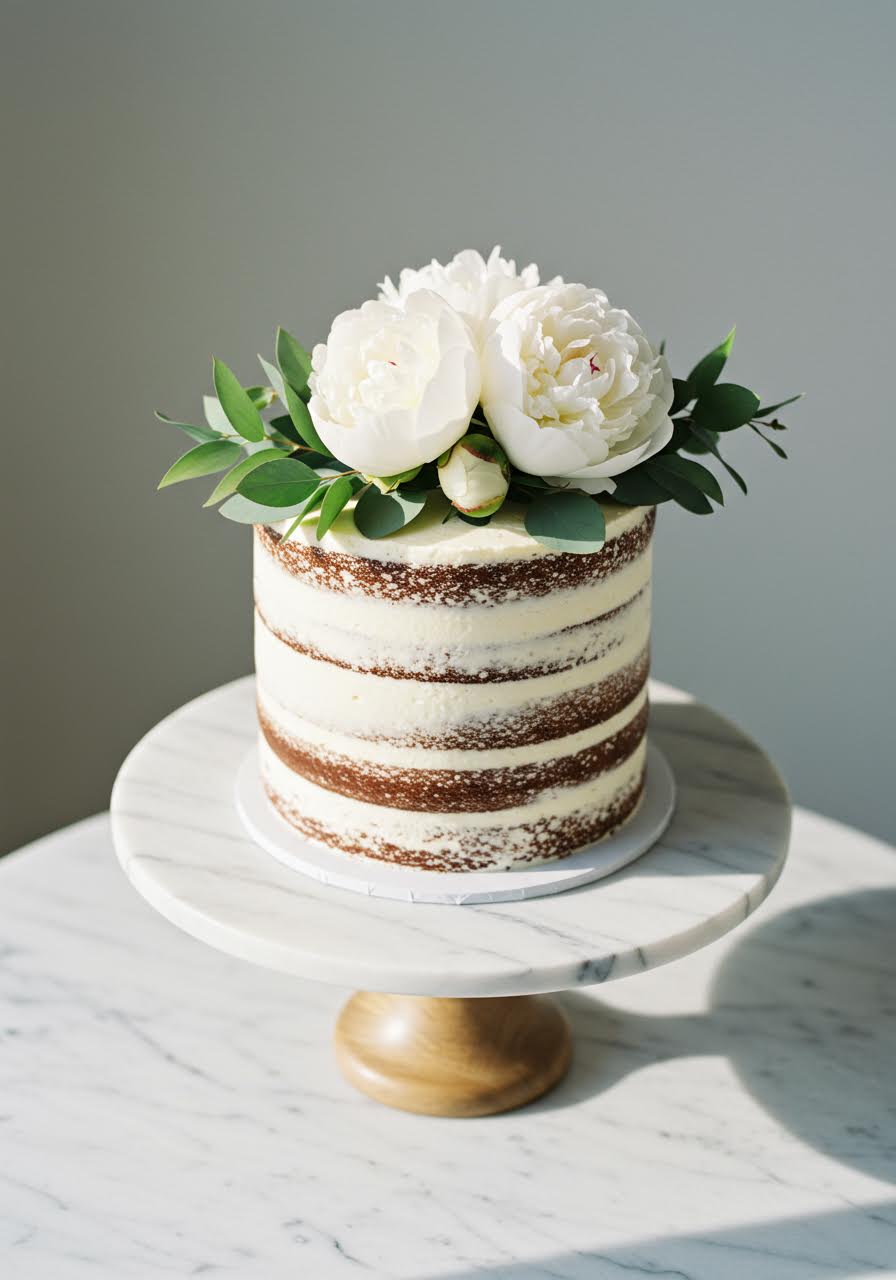 Rustic chocolate naked wedding cake with fresh white flowers and natural foliage