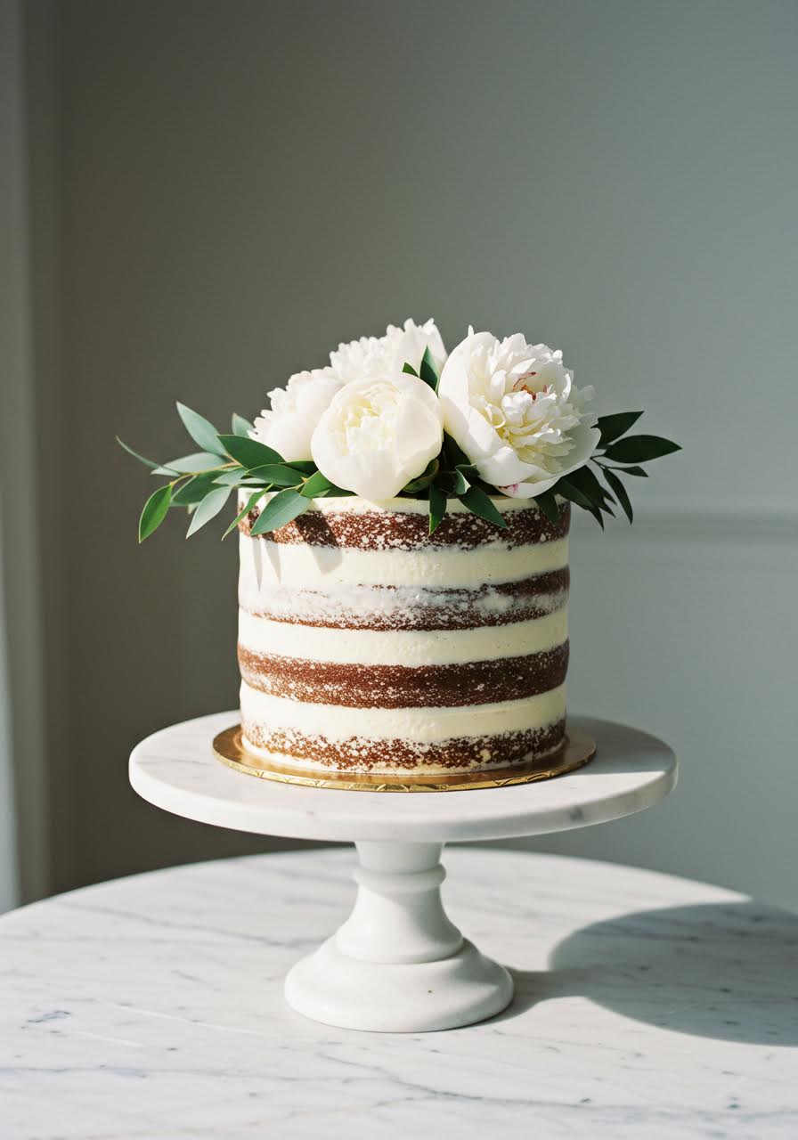 Elegant naked chocolate cake featuring white peony arrangement and green eucalyptus leaves