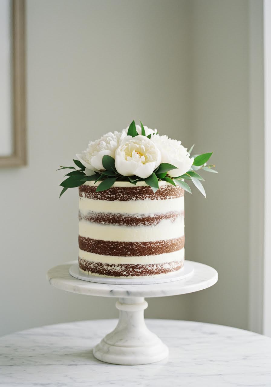 Single-tier naked chocolate wedding cake with white peonies and eucalyptus on marble pedestal