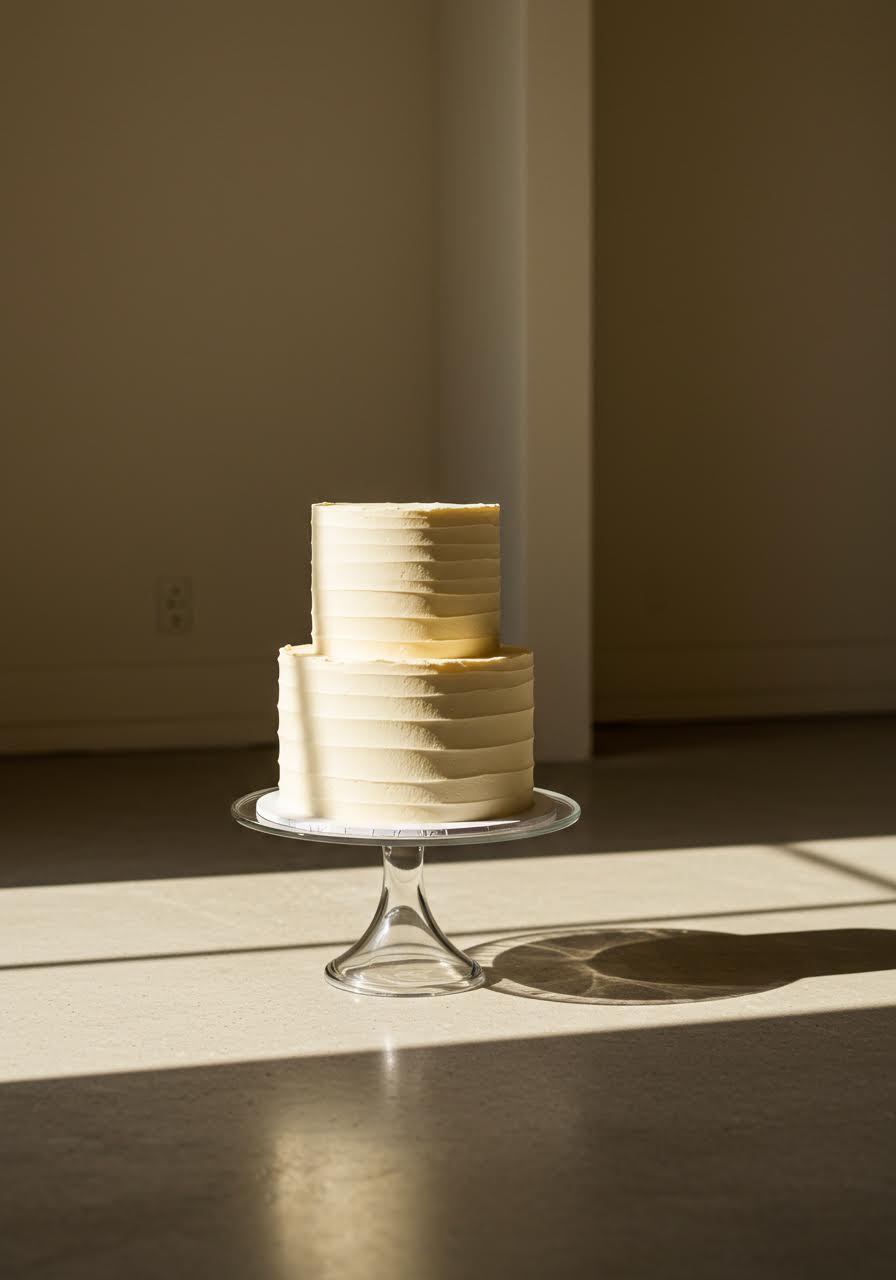 Two-tier champagne and ivory wedding cake with clean buttercream finish on glass stand