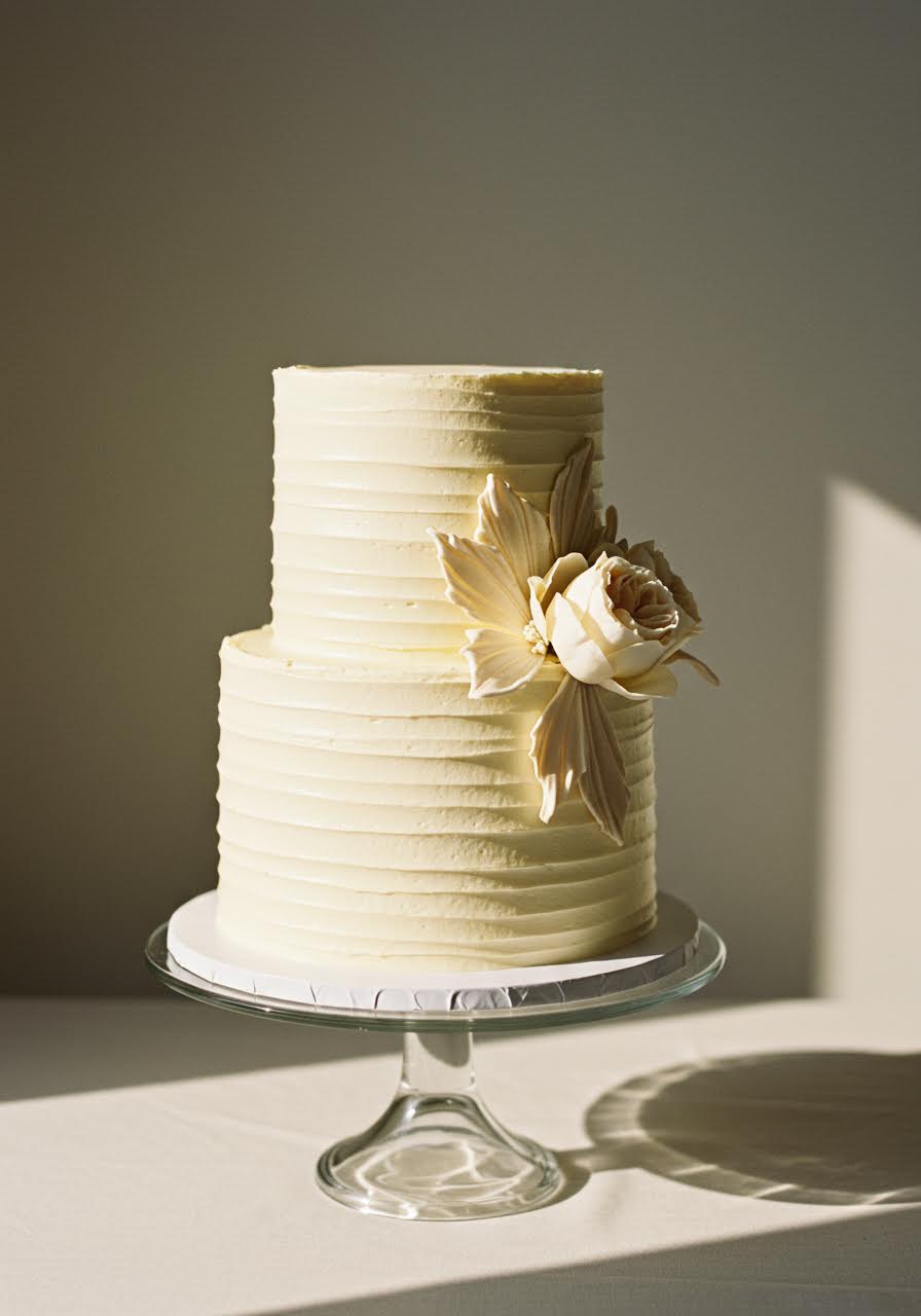 Sophisticated champagne and cream wedding cake with minimal design on transparent stand