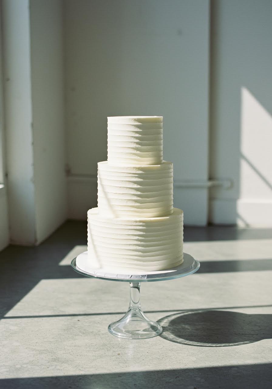Minimalist three-tier cake with subtle buttercream texture details on crystal stand