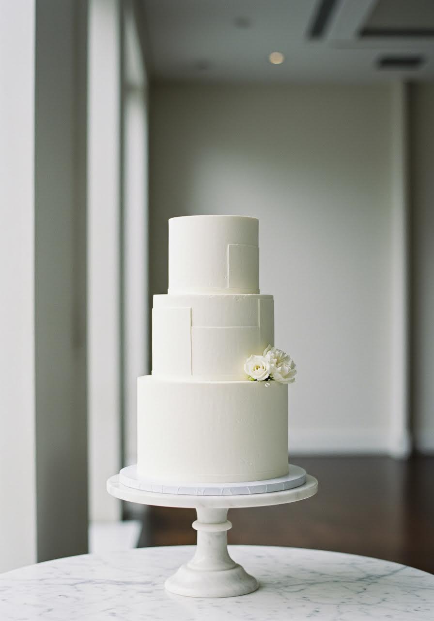 Modern three-tier white wedding cake displaying flawless buttercream finish