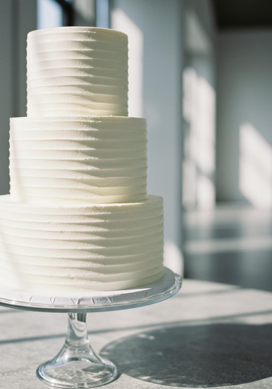 Modern white wedding cake featuring delicate raised horizontal bands texture