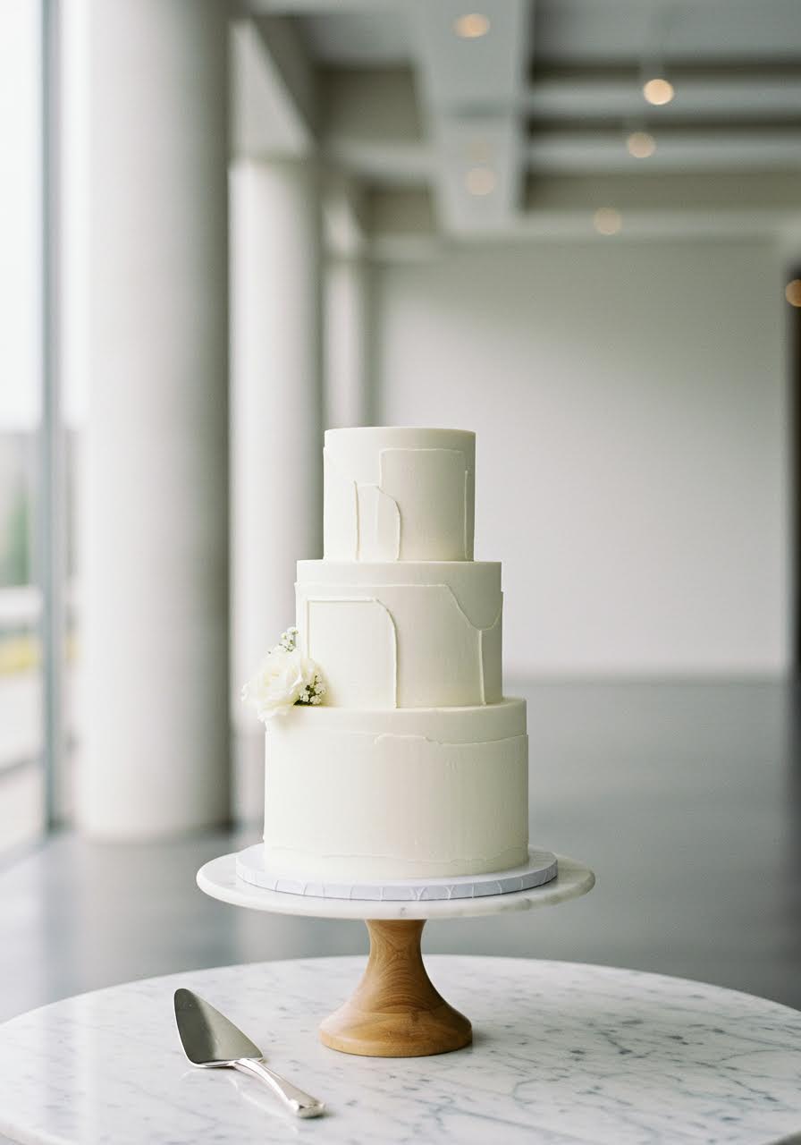 Three-tier white buttercream cake with pristine smooth surface and fresh white flowers