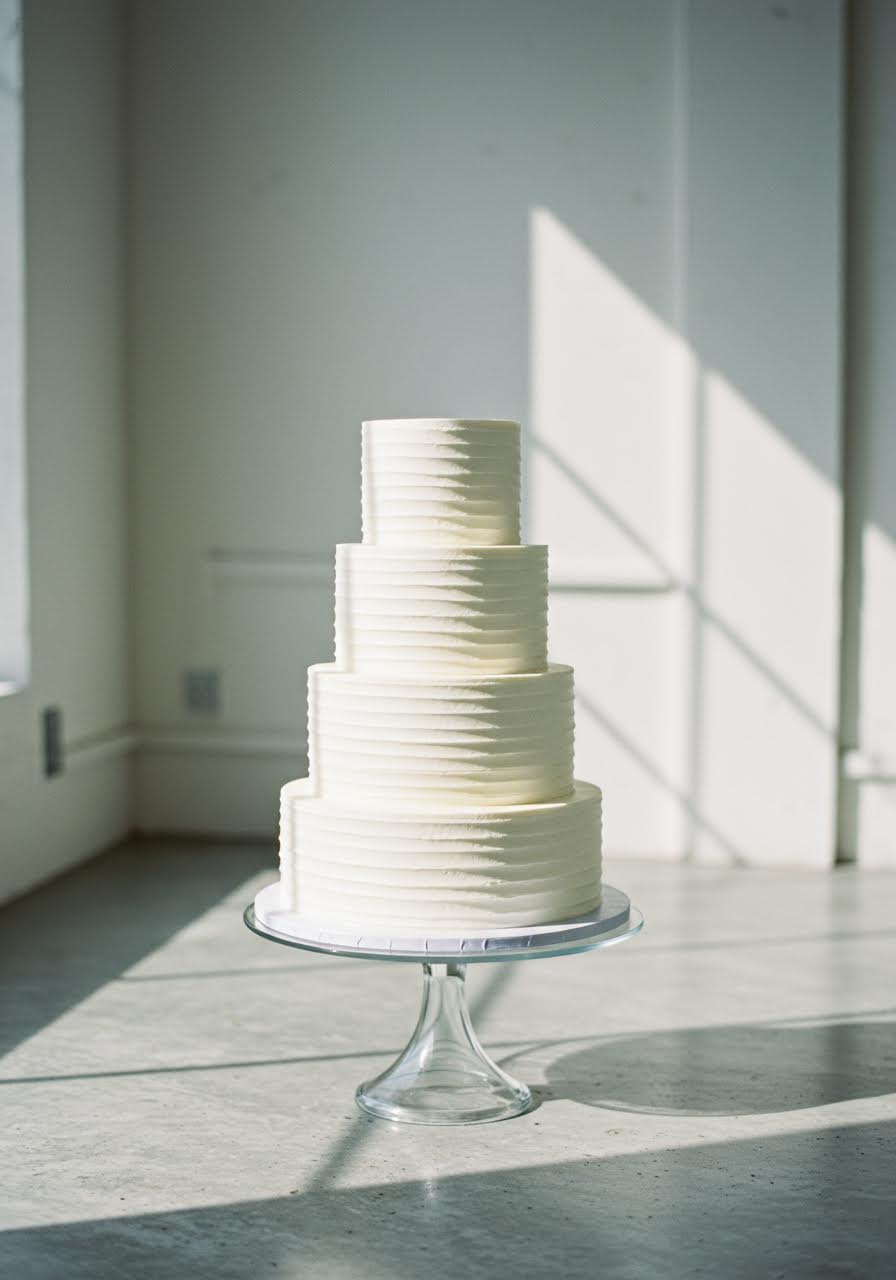 Three-tier white wedding cake with subtle textural bands on elegant glass pedestal