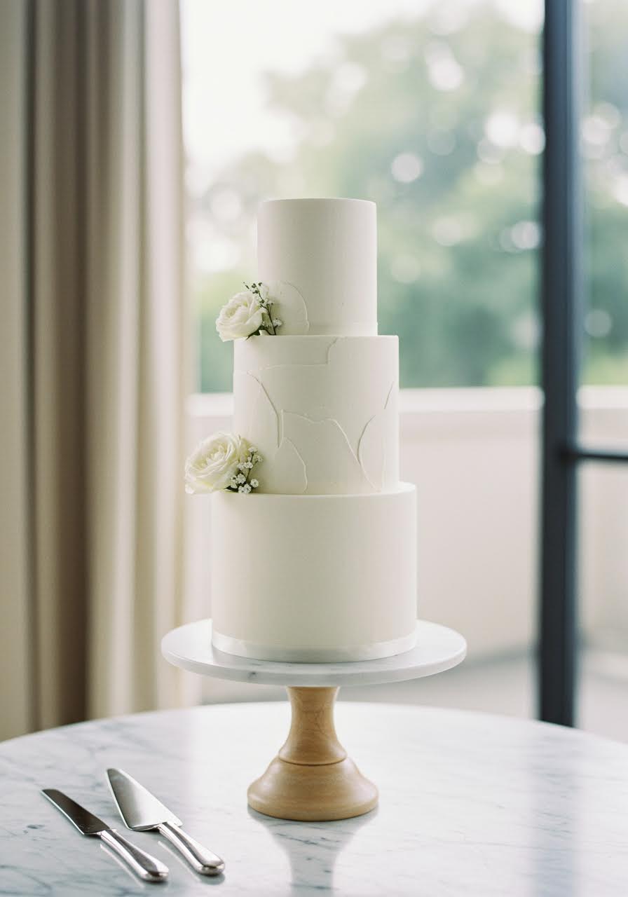 Three-tier white buttercream wedding cake with perfectly smooth sides on marble pedestal