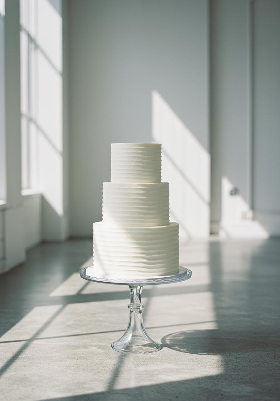 Elegant white wedding cake with geometric textural elements and clean lines