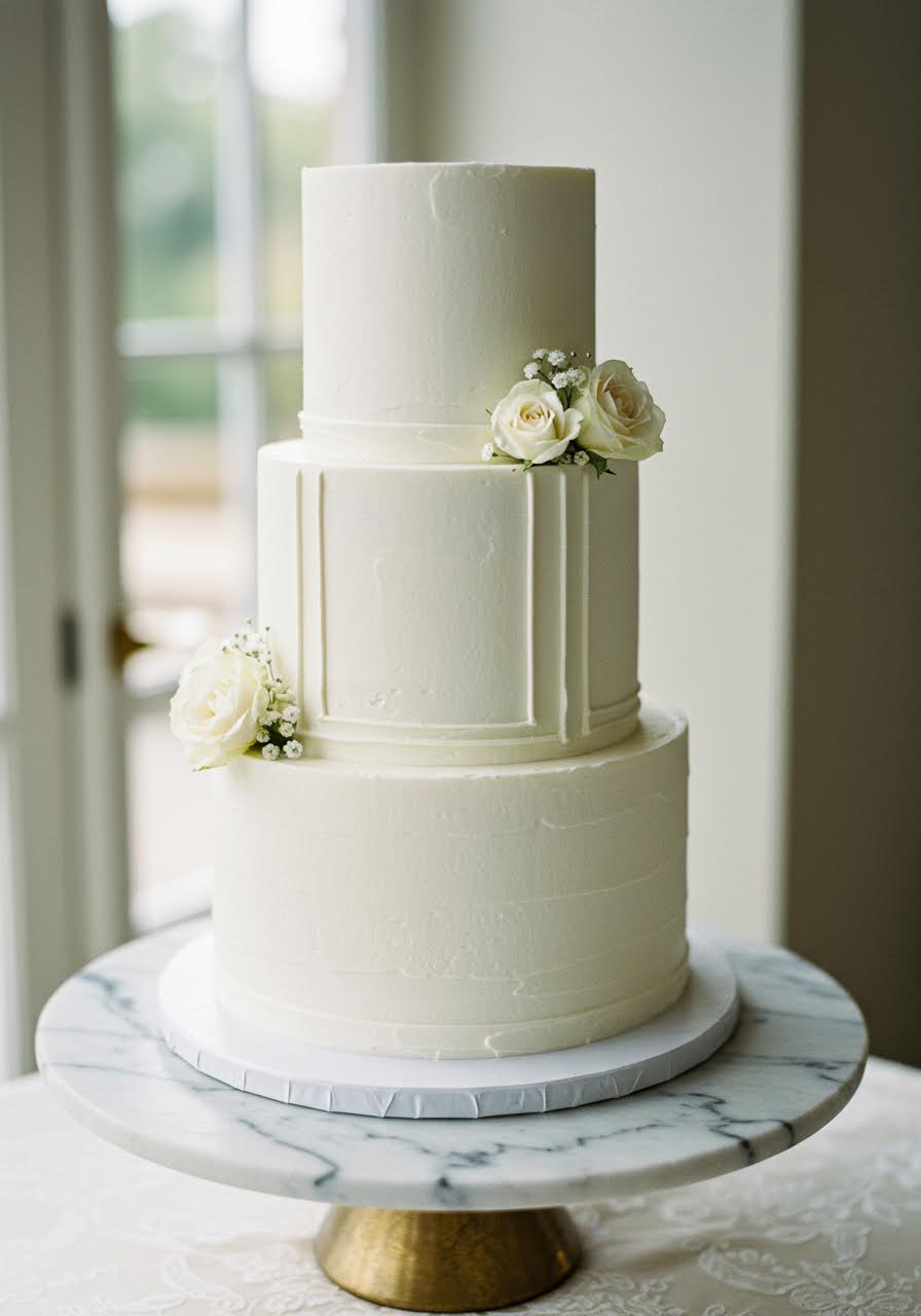 Elegant three-tier white wedding cake with clean geometric lines in modern venue