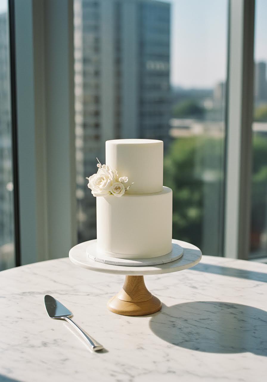 Three-tier white buttercream wedding cake with smooth sides on marble pedestal