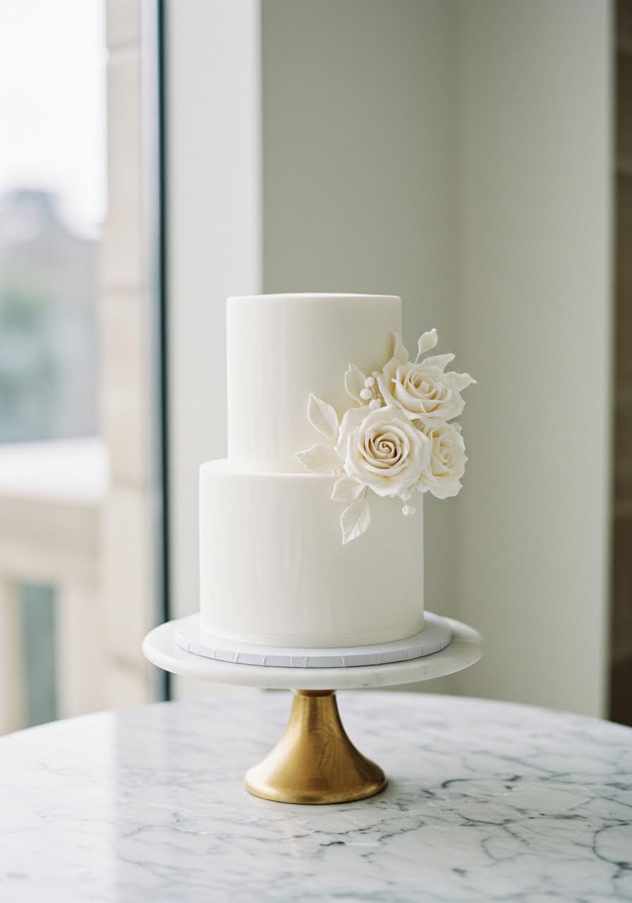Pristine white square wedding cake with geometric edges and single white peony decoration