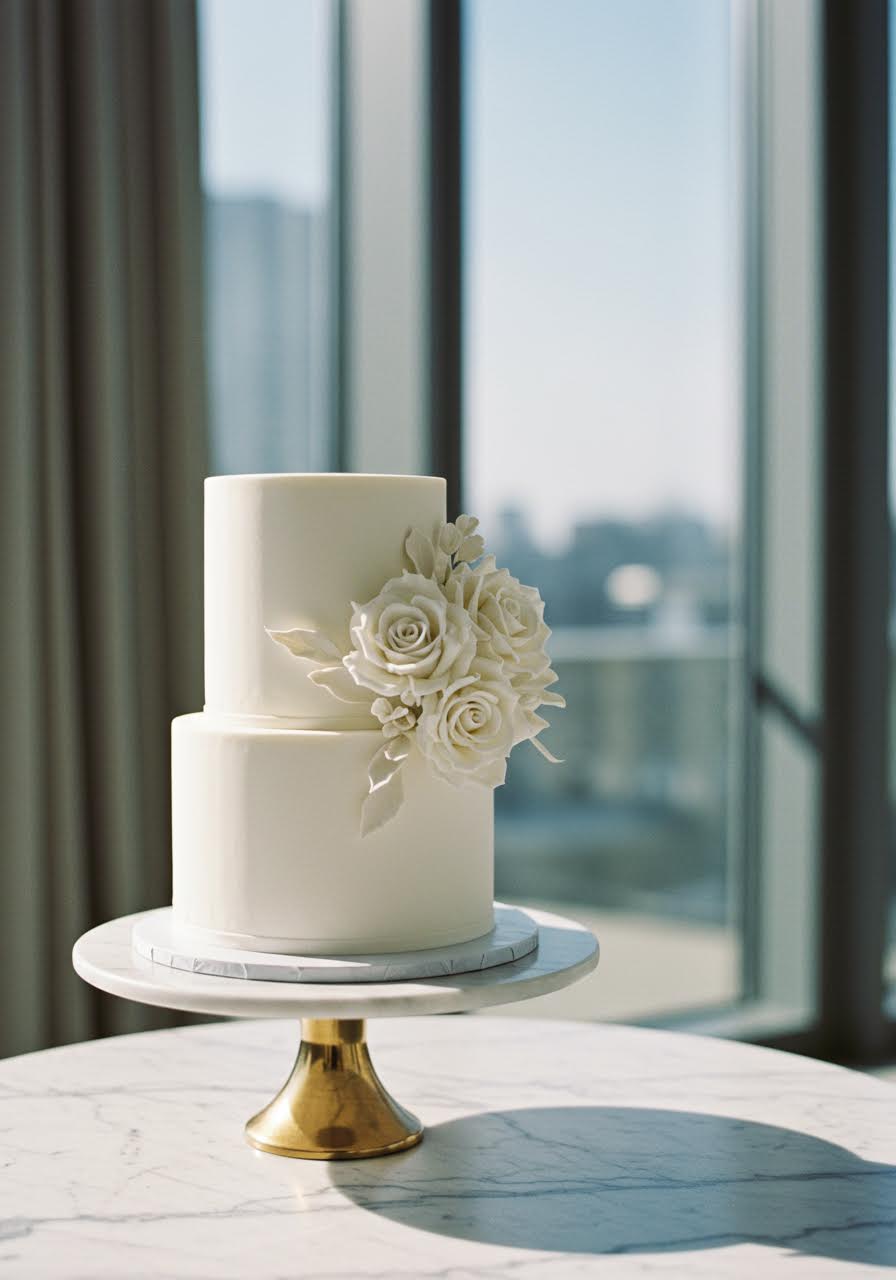 Three-tier white buttercream cake with subtle textural bands on glass pedestal