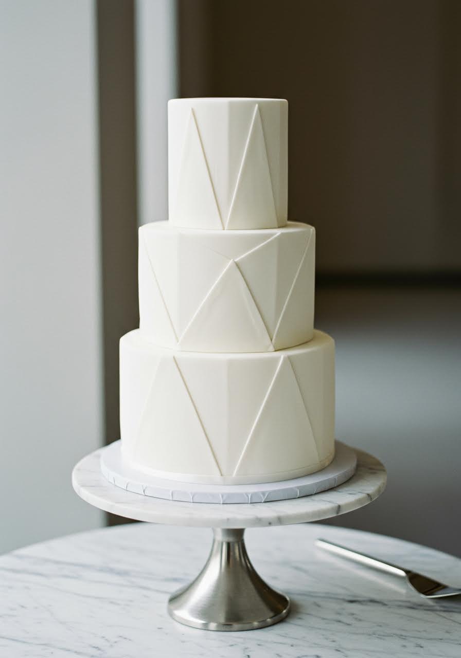 Geometric minimalist wedding cake featuring clean hexagonal layers and angular design