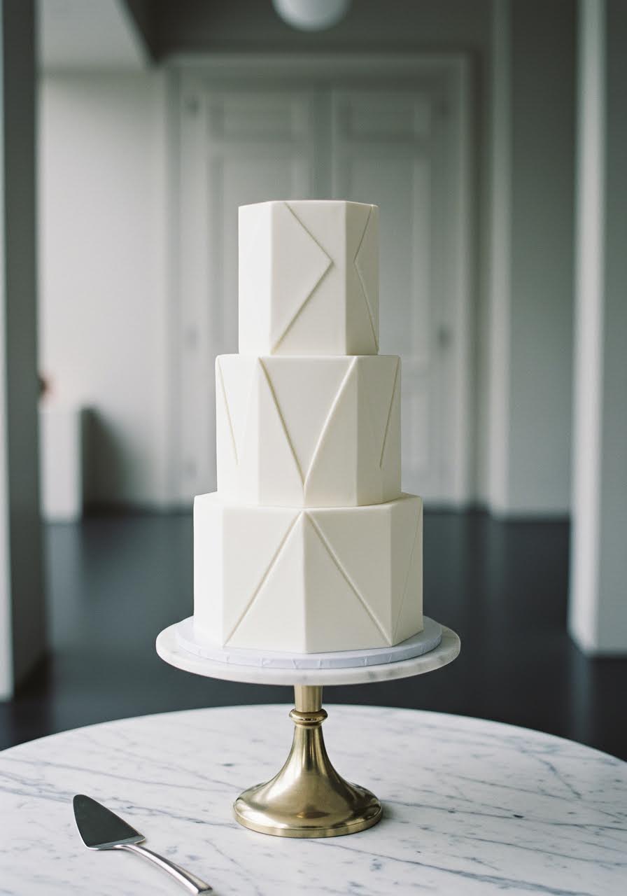 Three-tier hexagonal wedding cake with sharp geometric angles on modern marble pedestal
