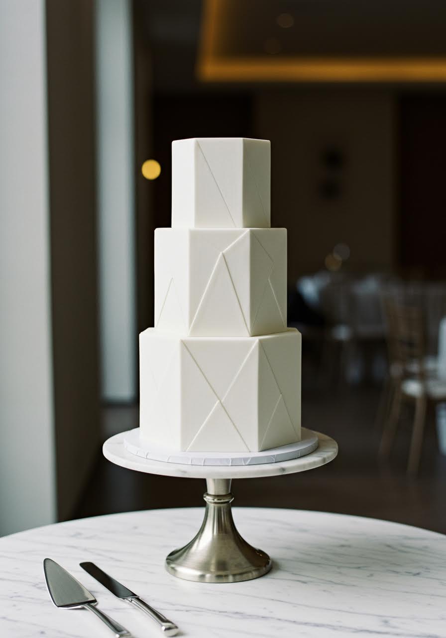 Modern three-tier wedding cake with precise geometric hexagonal shape and white fondant