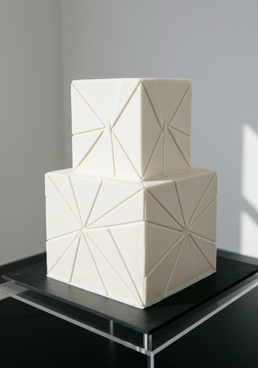 Contemporary wedding cake showcasing precise geometric triangle pattern work in white fondant
