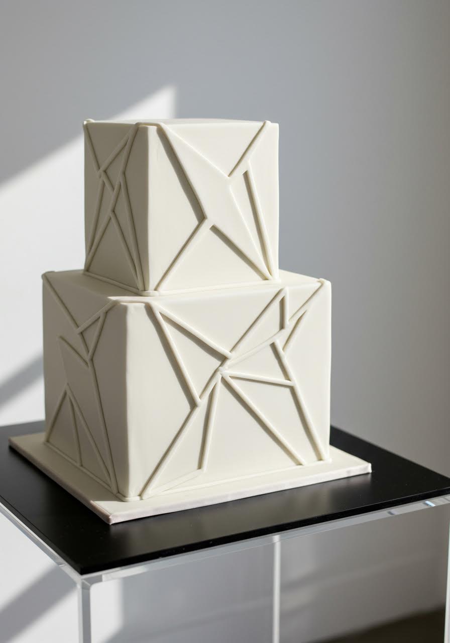 Single-tier square wedding cake with dramatic triangular geometric patterns on black acrylic table