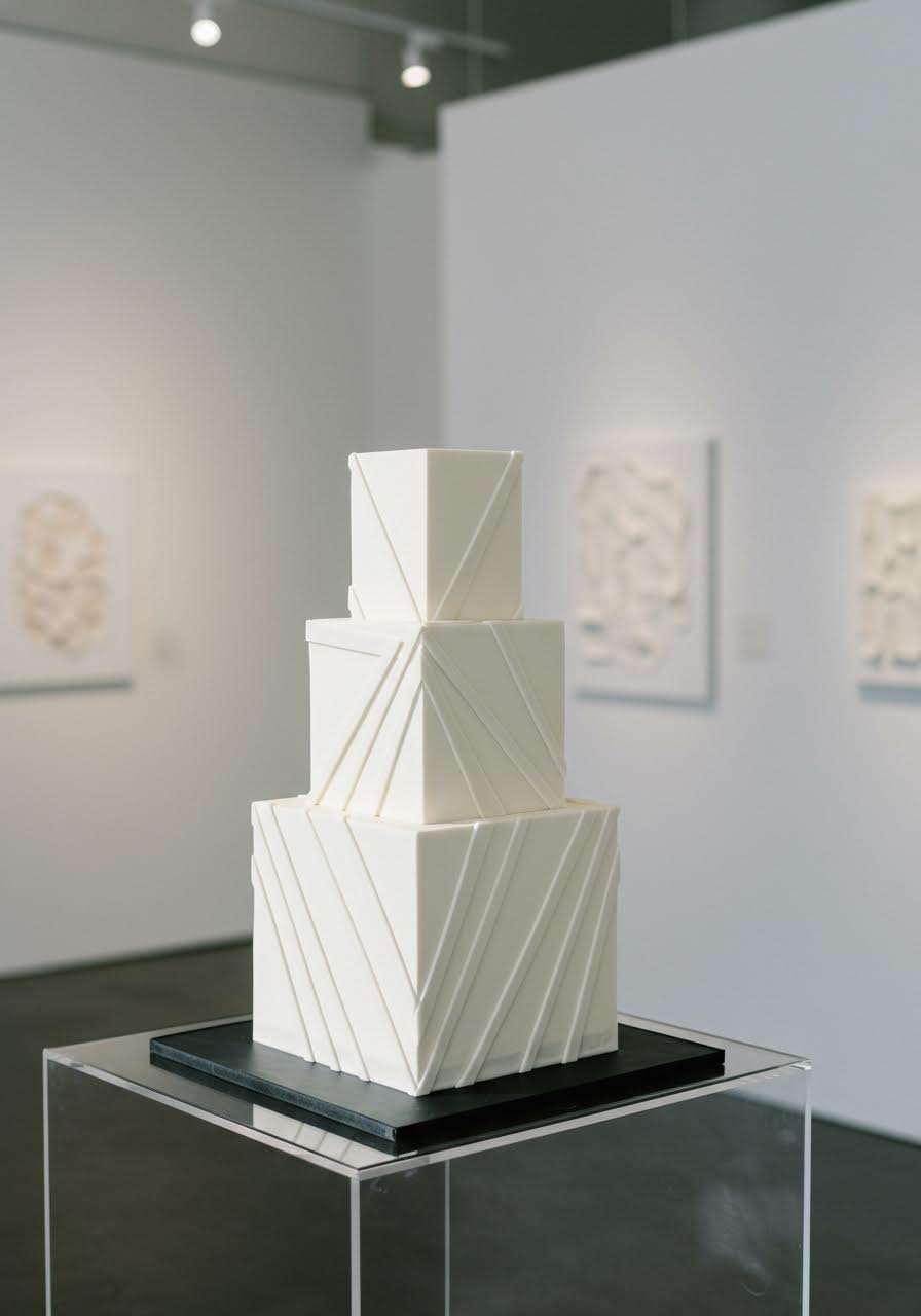 Minimalist square cake with bold triangular geometric cutouts on sleek black display