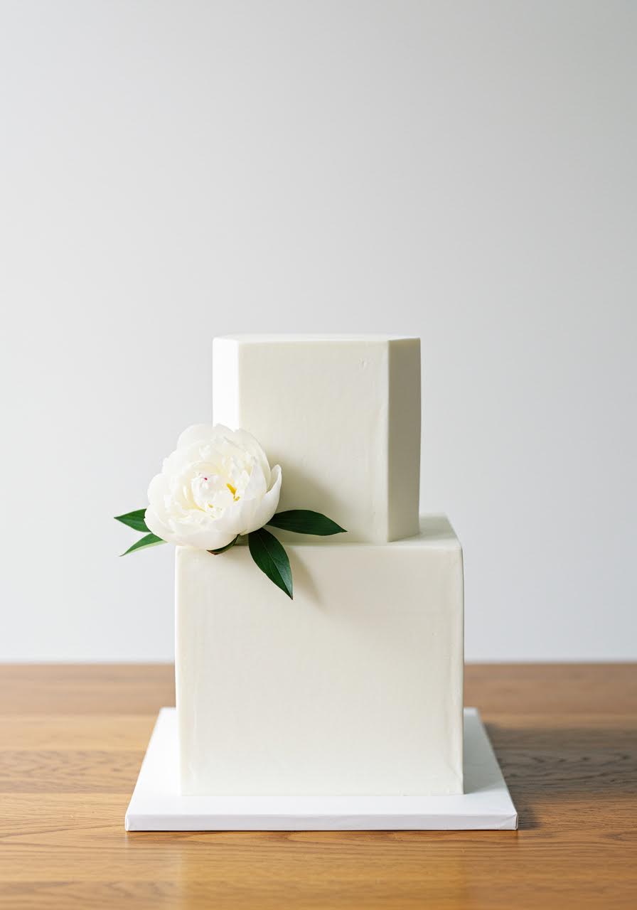 Single-tier square wedding cake with geometric smooth edges and white peony on wooden table
