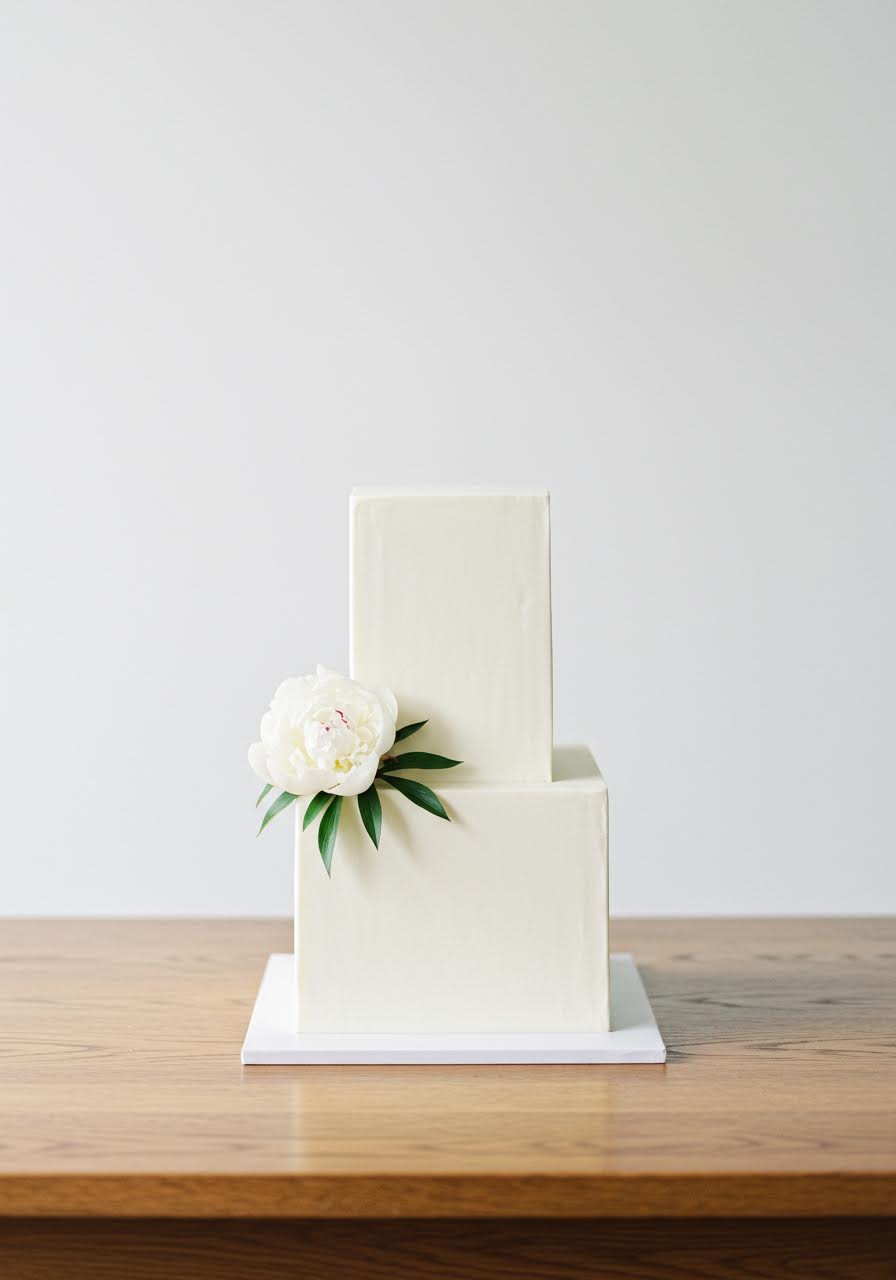 Modern square wedding cake with clean lines and single fresh white peony decoration