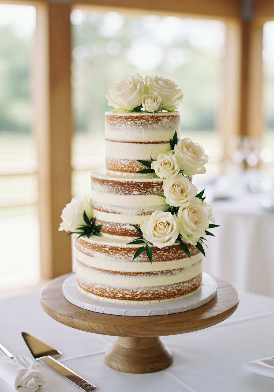 Elegant naked wedding cake with exposed layers and delicate white rose arrangement