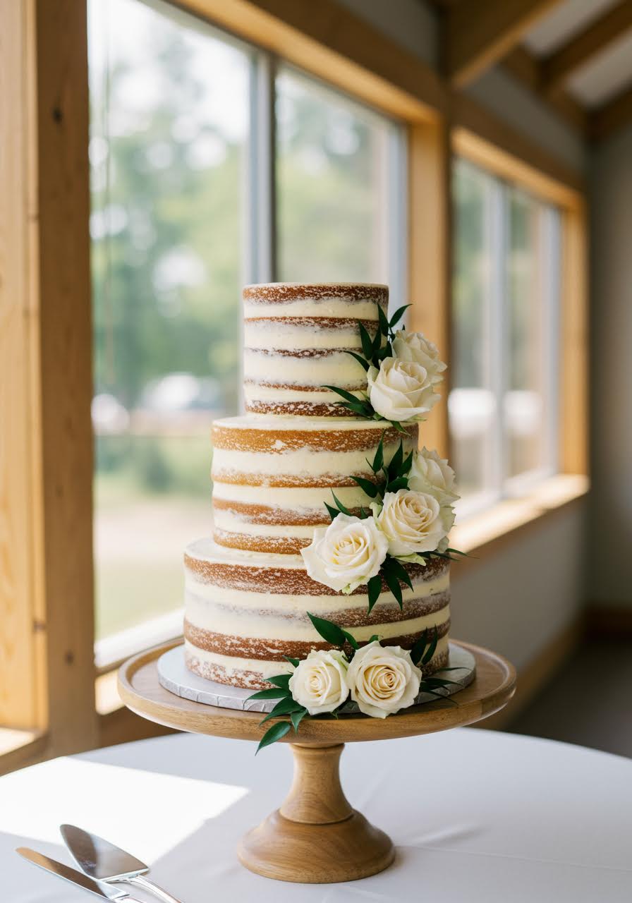 Natural naked wedding cake with visible sponge layers and white rose decoration