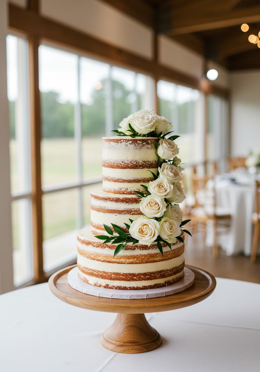Rustic naked wedding cake featuring minimal frosting and romantic white rose cascade