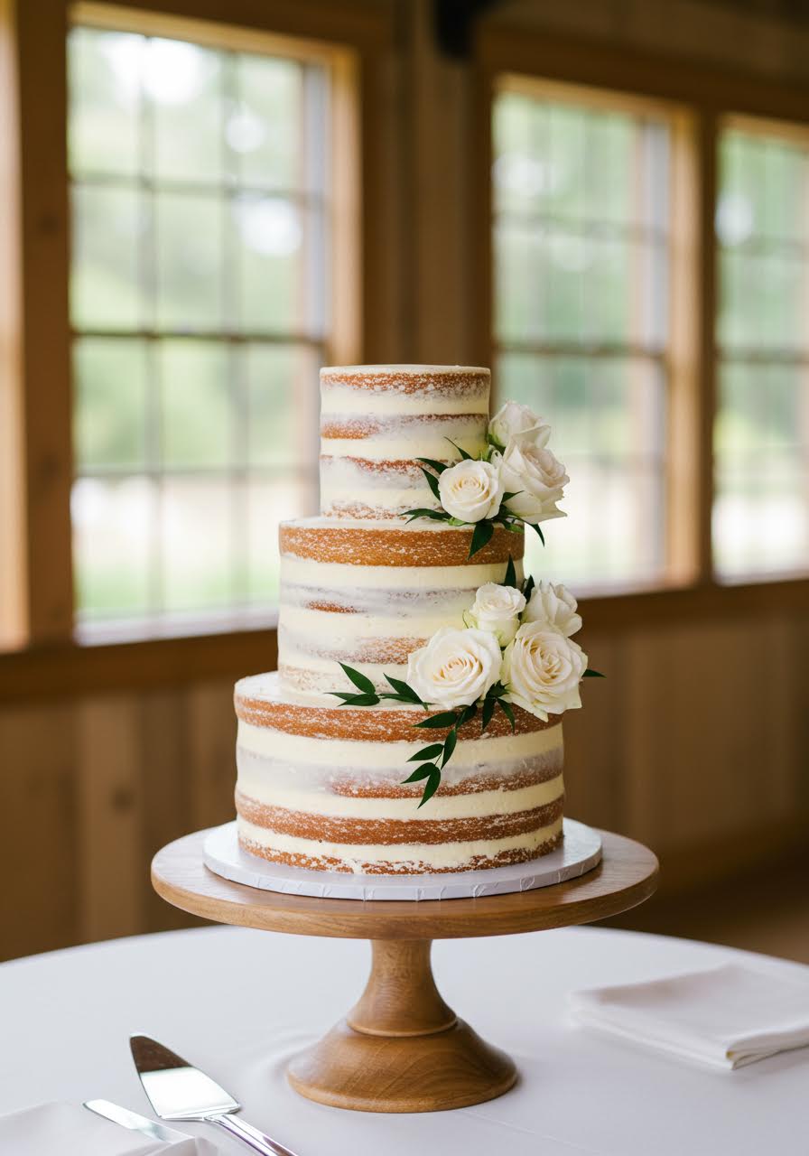 Three-tier naked wedding cake with minimal white buttercream and cascading white roses