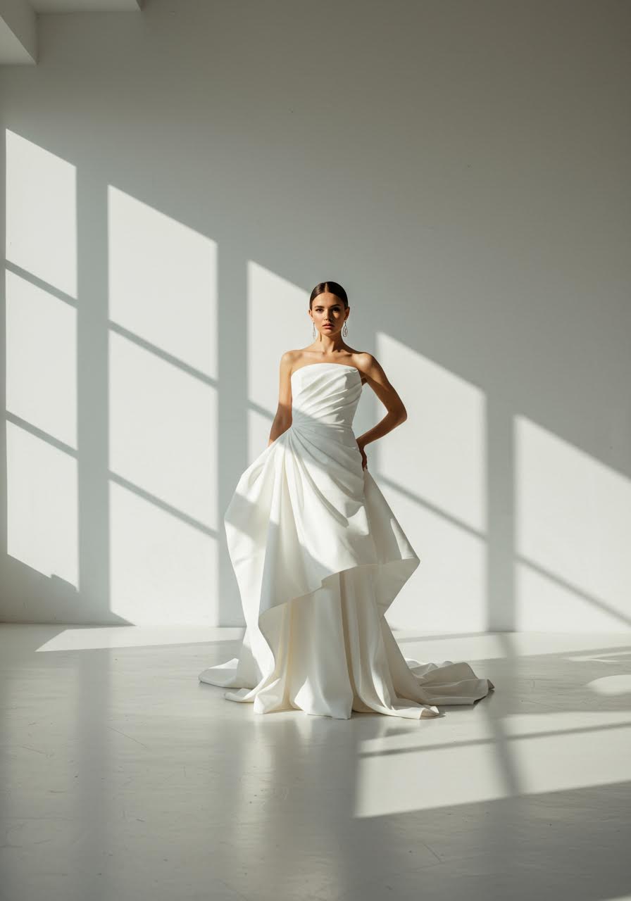 Avant-garde crepe wedding dress with bold asymmetrical draping in minimalist studio