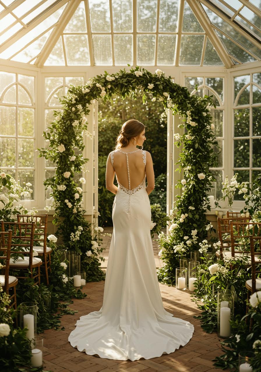 Stunning backless wedding dress with delicate button details in golden conservatory light