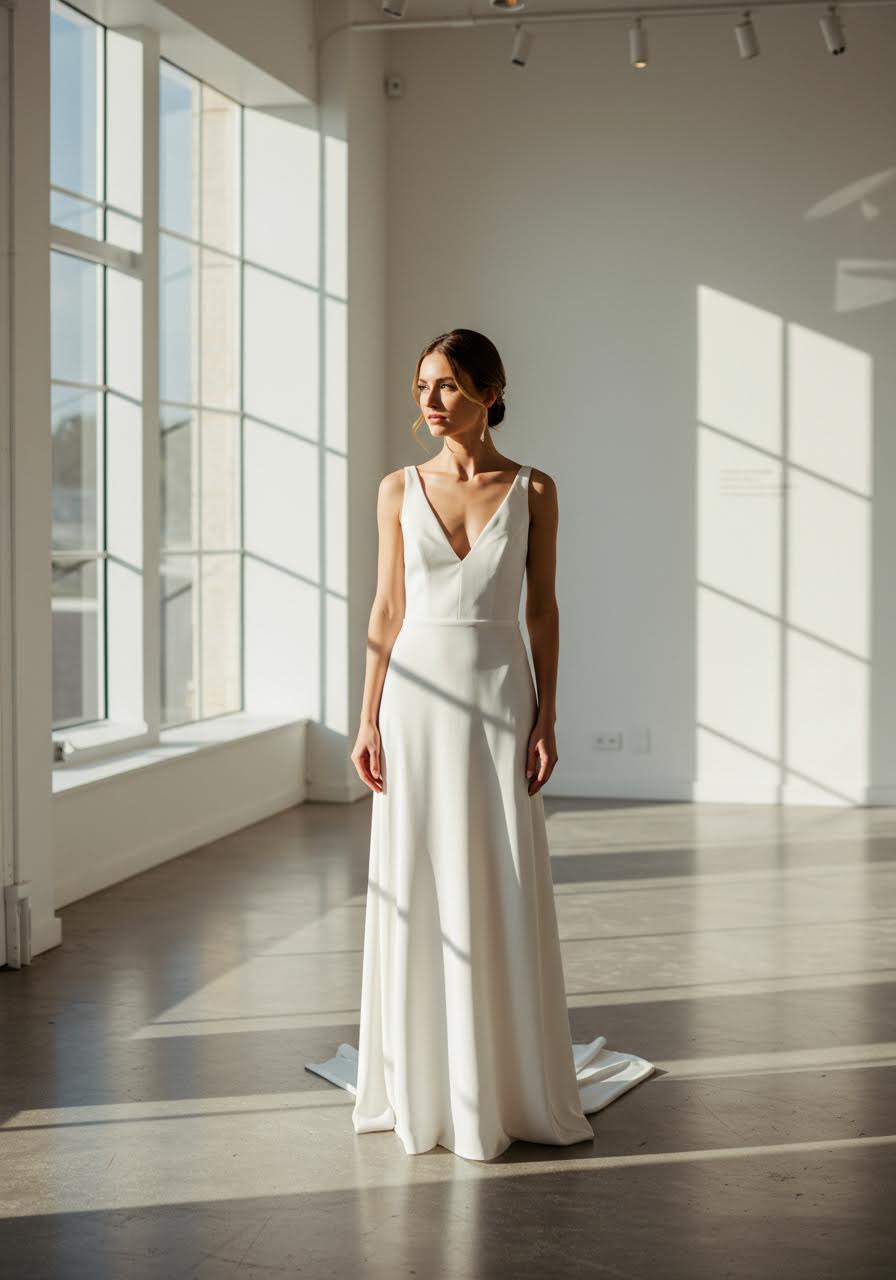 Plunging V-neck minimalist wedding dress in silk crepe during magical golden hour