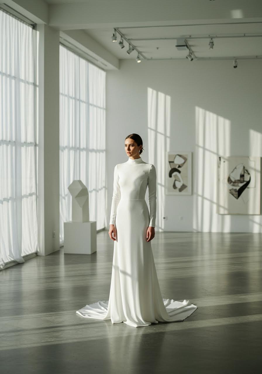 High-neck minimalist wedding dress with sophisticated long sleeves in contemporary gallery
