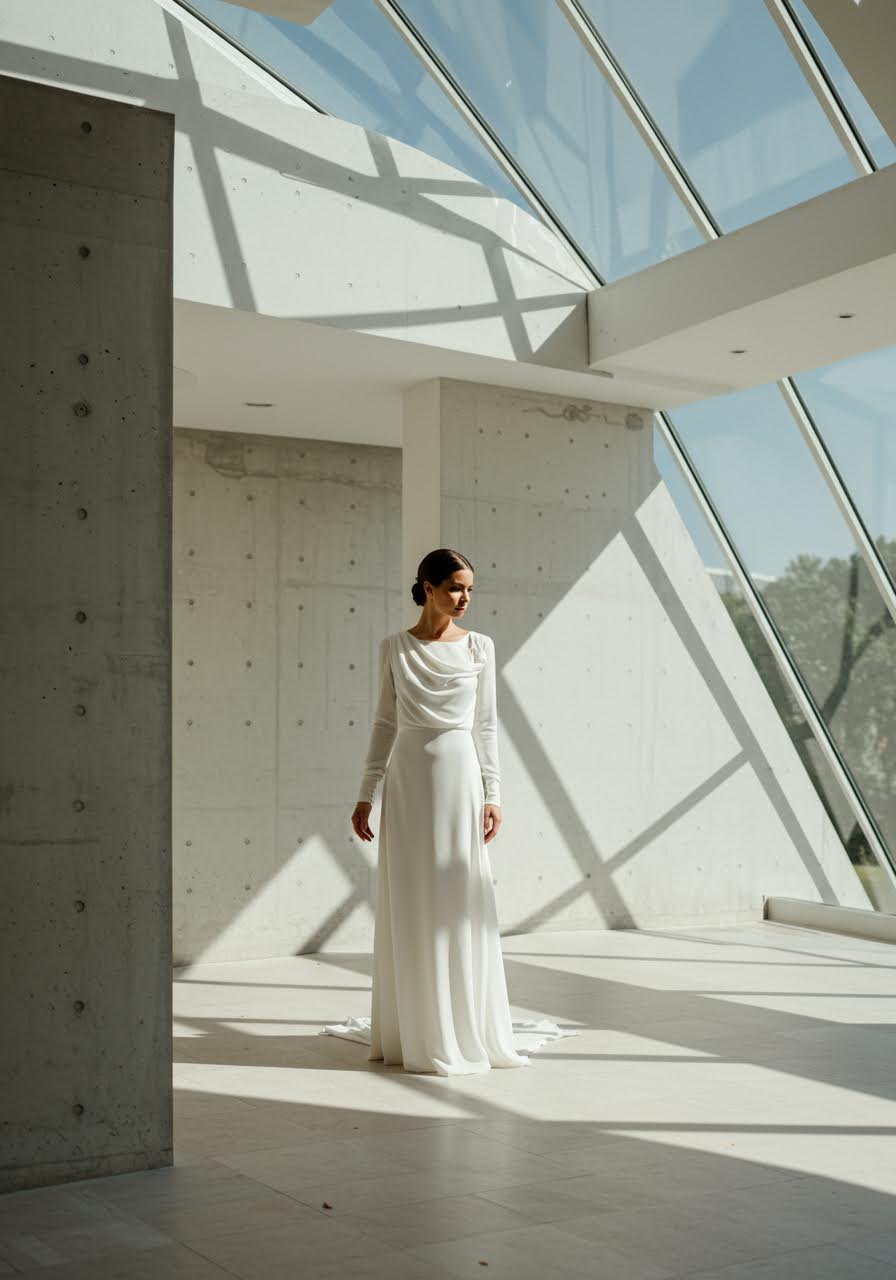 Long-sleeved minimalist wedding dress creating stunning silhouette in modern glass atrium