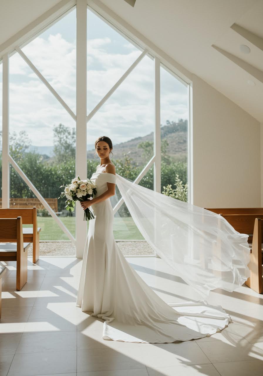 Off-shoulder minimalist wedding dress with flowing train in stunning geometric glass chapel