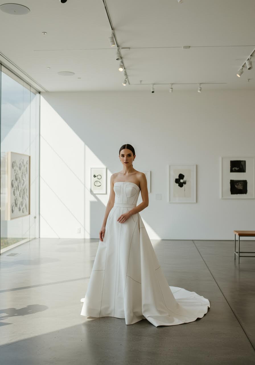 Strapless minimalist wedding dress with exceptional structured bodice in modern gallery