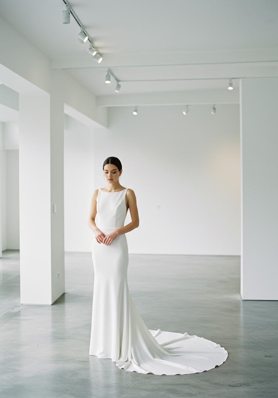 Sophisticated sheath wedding dress with flawless tailoring in minimalist concrete gallery space