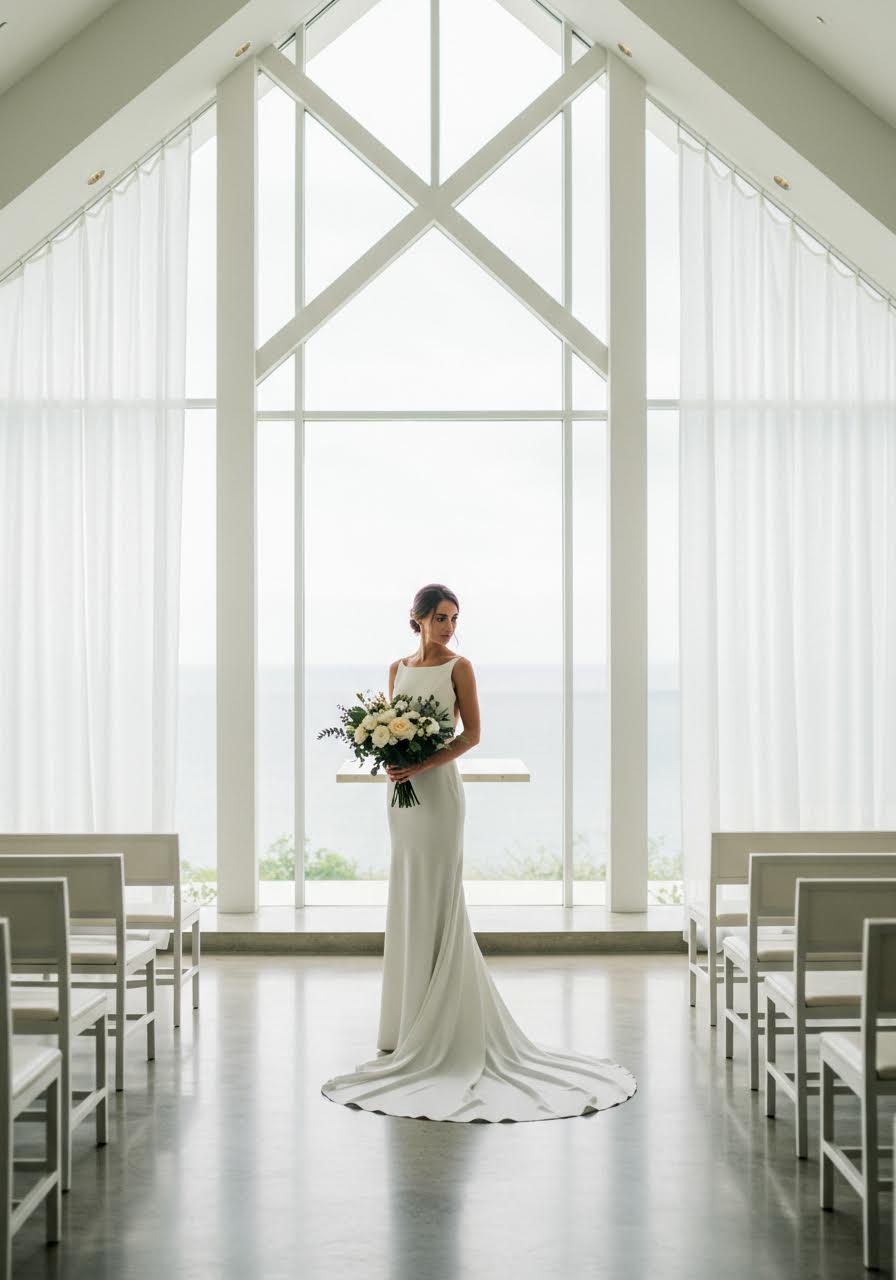 Elegant column wedding dress creating perfect silhouette in serene minimalist chapel