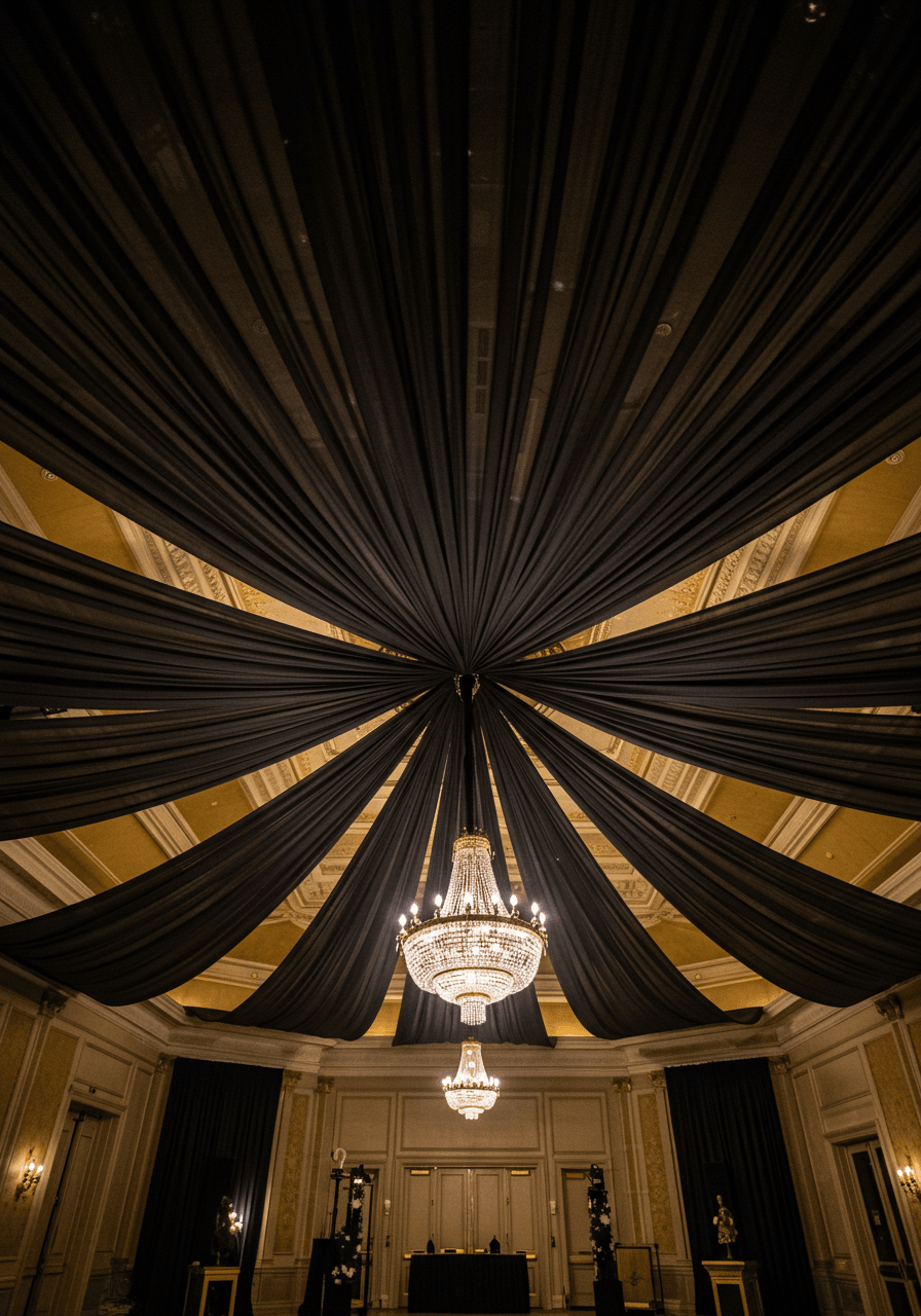 Dramatic black chiffon canopy installation flowing gracefully from ballroom ceiling with crystal chandeliers