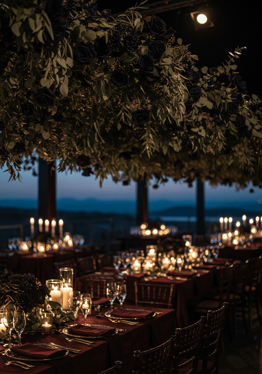 Intricate black floral ceiling installation with suspended dark roses and eucalyptus branches creating overhead garden