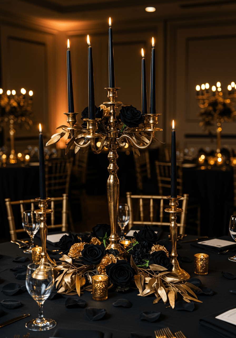 Towering gold candelabra setup with black candles and eucalyptus in grand elegant ballroom setting