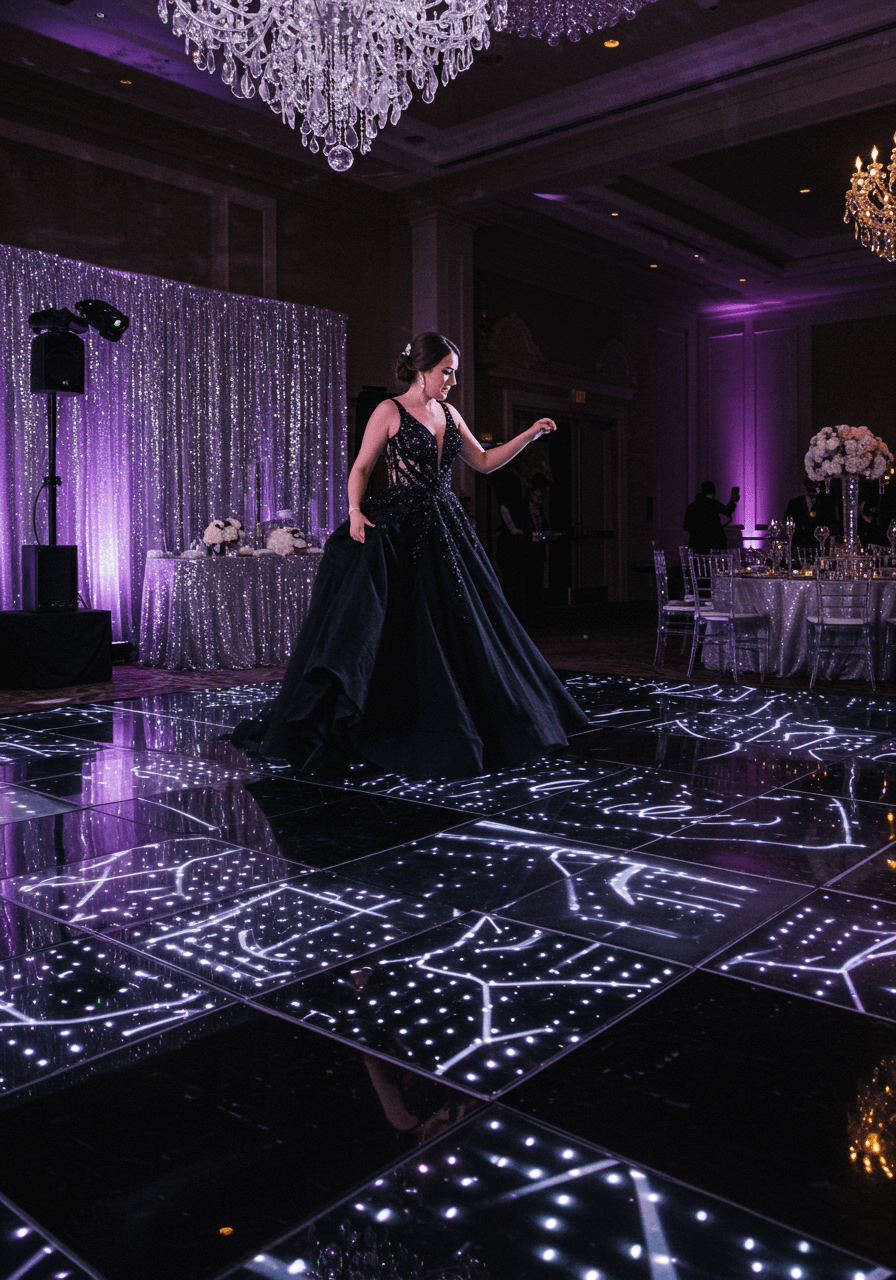Bride in elegant black wedding gown dancing on illuminated LED dance floor with geometric light patterns