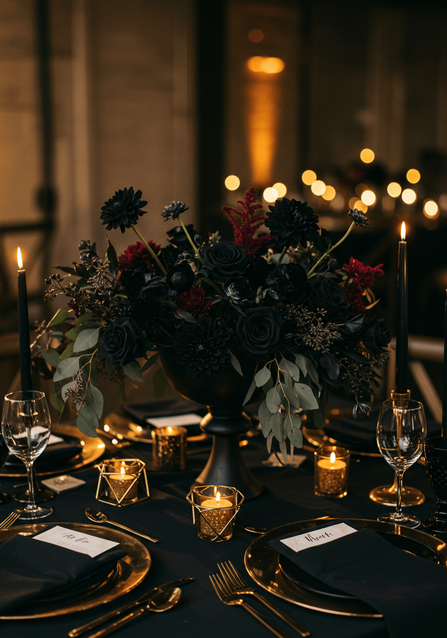 Dramatic dark floral centerpiece with black roses and burgundy accents illuminated by golden hour lighting