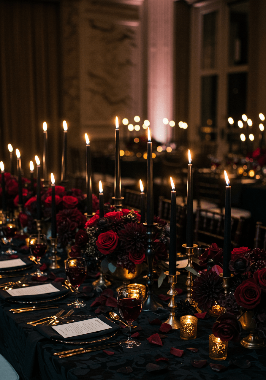 Dramatic black wedding centerpiece featuring tall black candles and deep burgundy roses creating moody romantic elegance