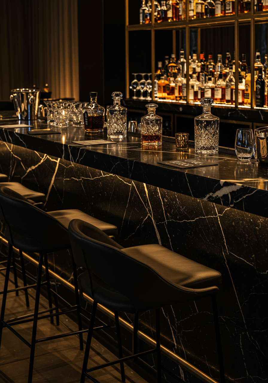 Elegant black marble bar with gold veining and premium bar stools in modern reception venue