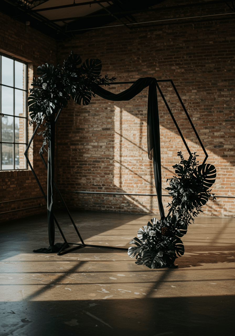 Geometric black metal wedding arch with sharp angular design and silk ribbon accents in modern industrial venue