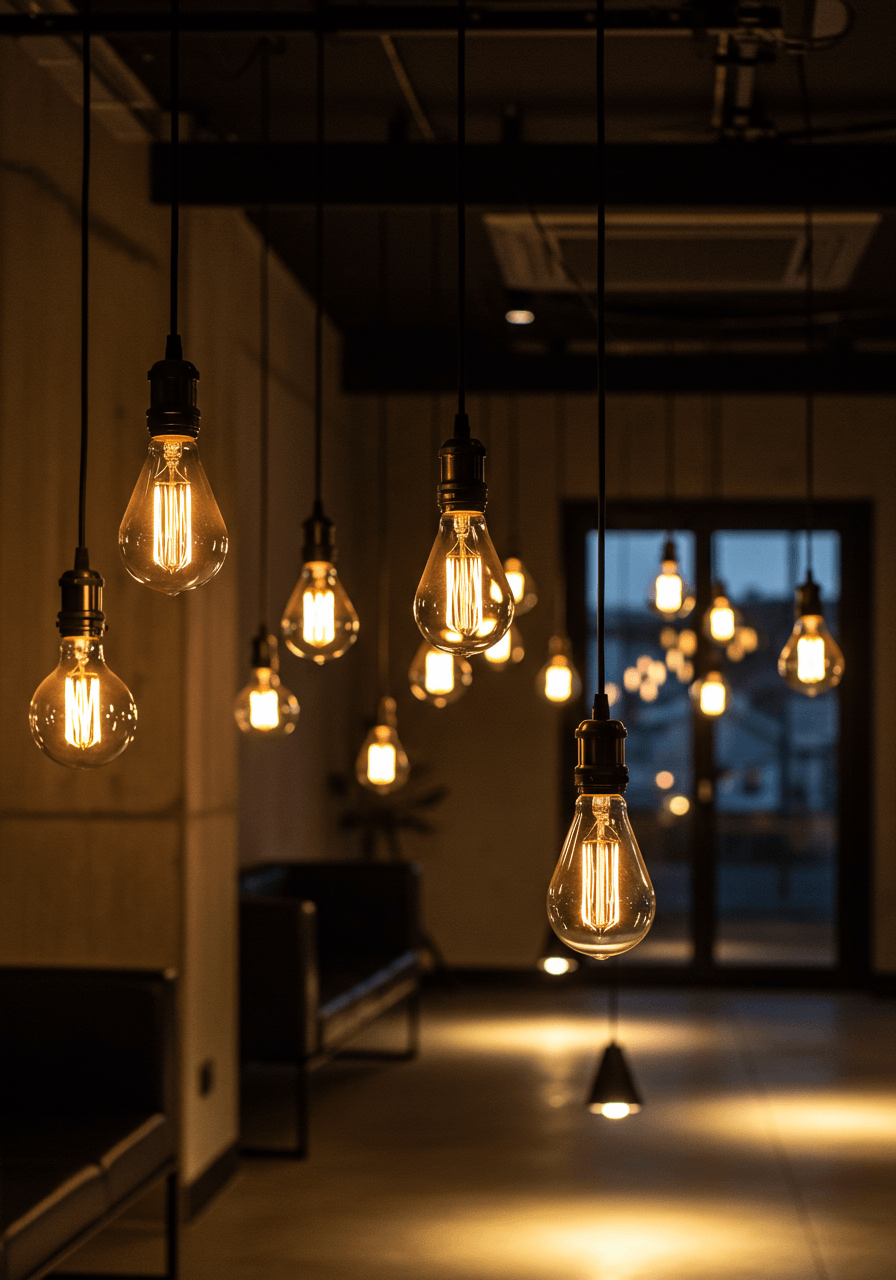 Close-up detail of warm Edison bulb filaments glowing within sleek black pendant fixtures